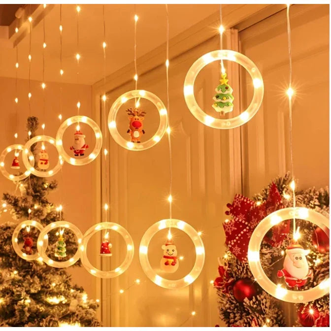 Decoração Cascata Natal Com Pisca Pisca Led Estrela Lua Papai Noel Neve Luz Branco Quente Sacada BIVOLT