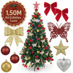 kit Árvore de Natal 1,5m Cheia Decorada Galhos Verde Pé de Ferro 150cm Premium Pisca Led Laço Quente